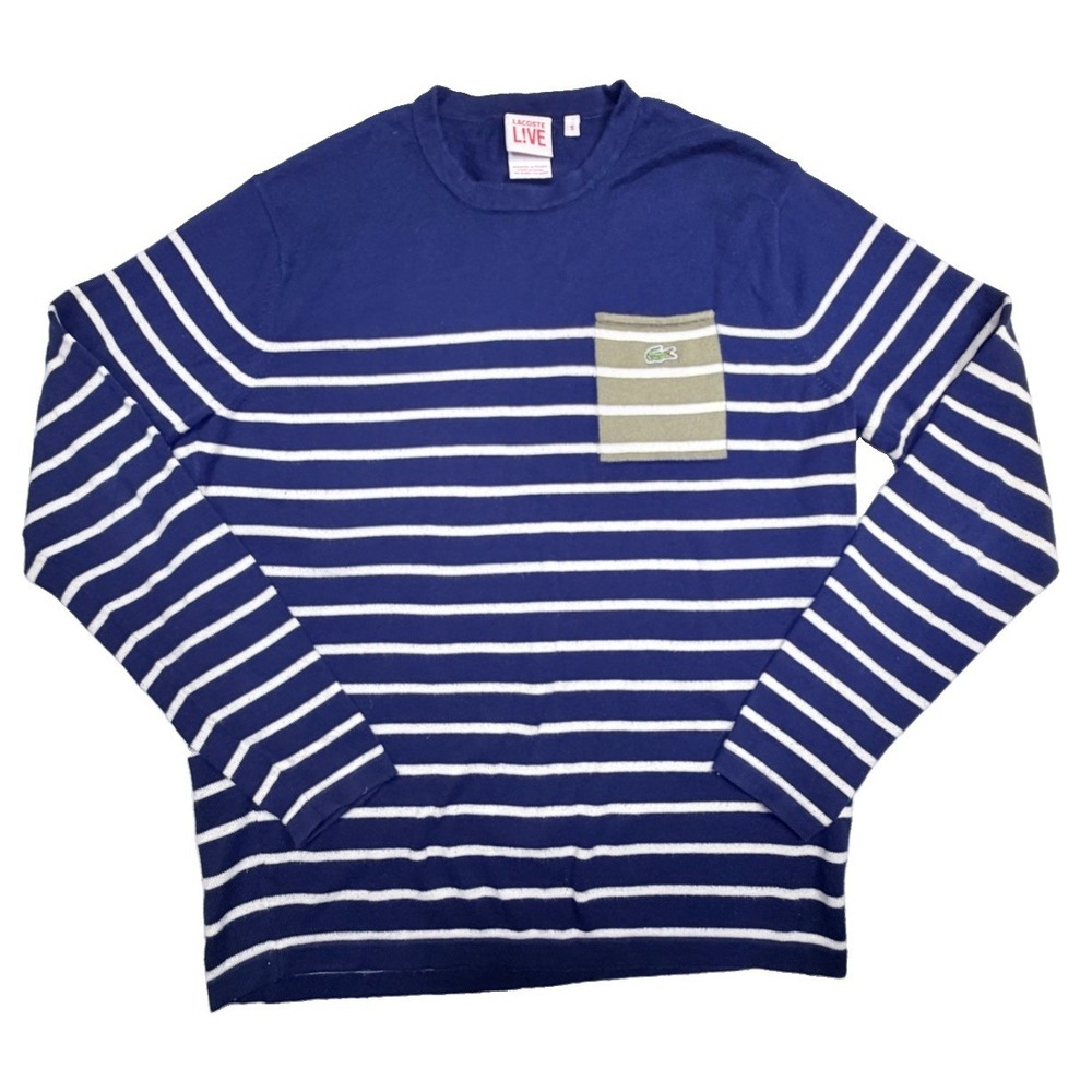 Lacoste Live L!VE Men's L Navy White Striped Cotton Sweater Croc Pocket Size 5
